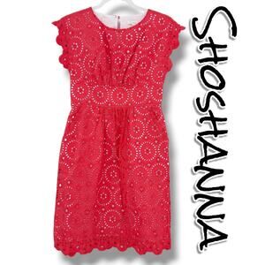 Shoshanna Red Eyelet Cocktail Dress Scalloped Hem Pockets Bold Womens Size 2